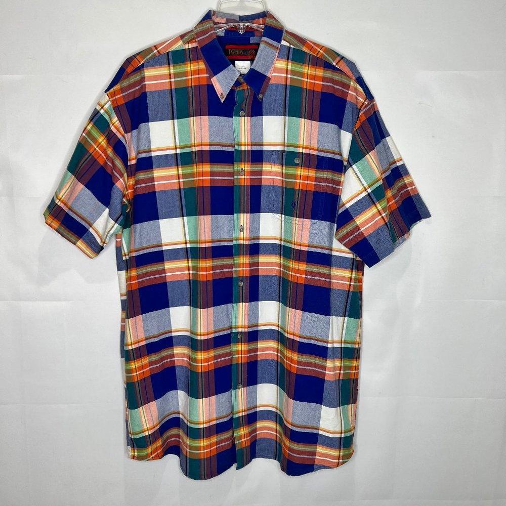 Twenty X Men’s Shirt sz 2X tall Blue Orange Green Plaid Button up Short Sleeves
